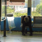 Image of isolated figure sitting in train station hunched over with head in hands