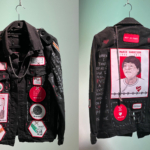 a side by side photo of the front and back of a jacket with patches and other decor.